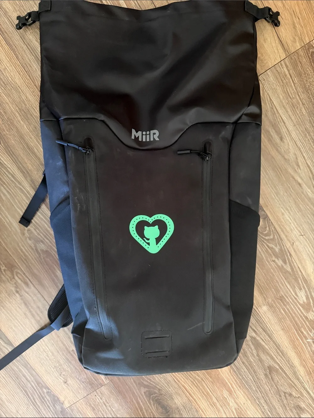 MiiR Black Roll-Top Backpack with Teal Heart Accent, recycled fabric